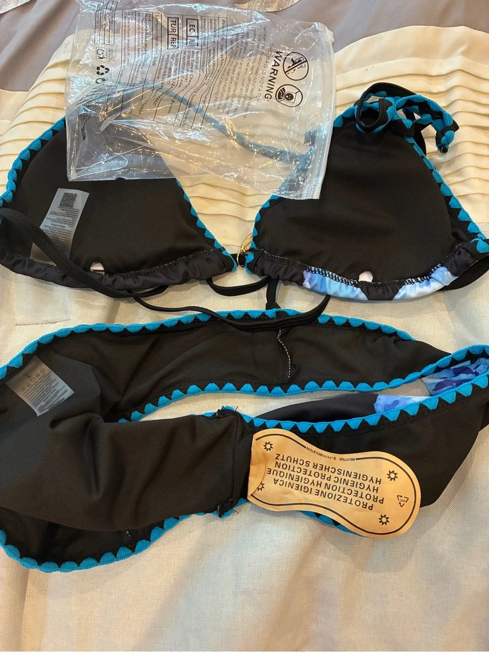 Black Bikini Set with Blue Floral Accents - Women’s Halter Two-Piece